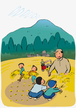 劳动的小孩矢量卡通插图收割麦子高清图片