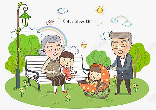 祖父母和孩子png免抠素材_新图网 https://ixintu.com 卡通 婴儿车 孩子 祖父母