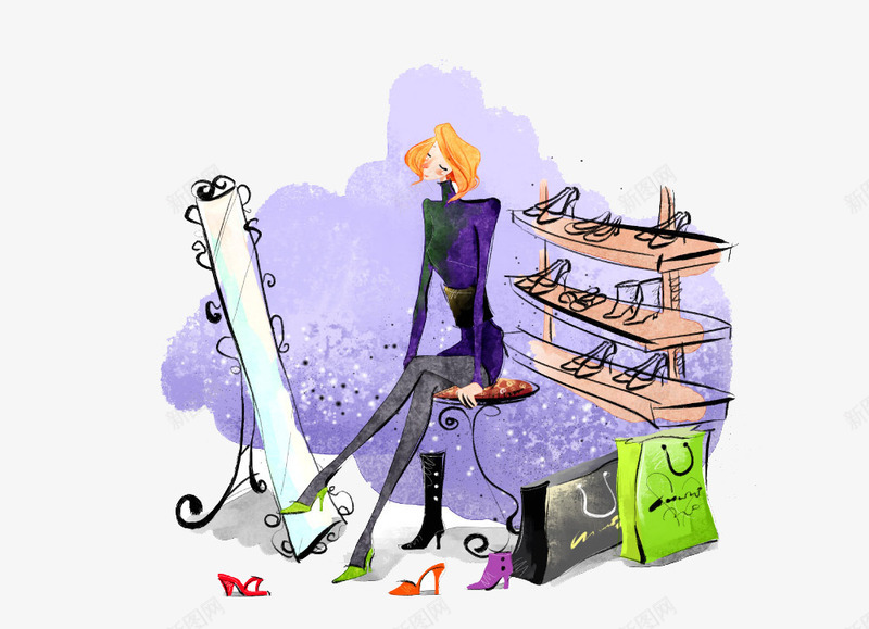 卡通女性鞋柜png免抠素材_新图网 https://ixintu.com 包装袋 各种鞋 美女 购物 镜子 鞋架