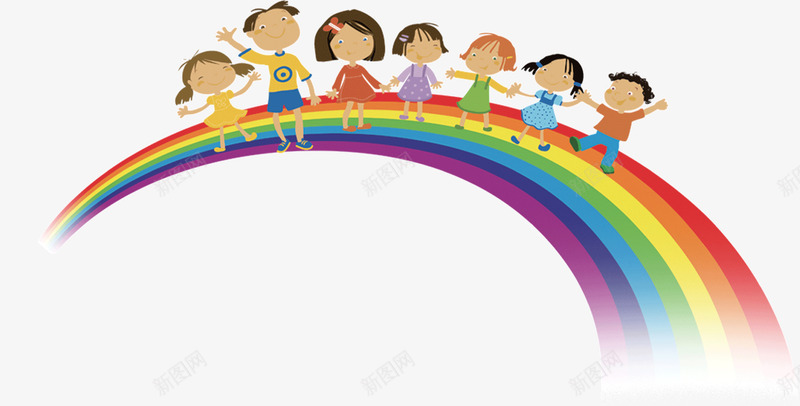 彩虹上的小孩png免抠素材_新图网 https://ixintu.com 卡通小孩 小孩 彩虹上的女孩 手拉手小孩
