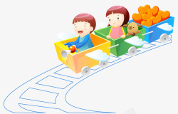 轮轴里的手绘人物卡通手绘彩色小孩们坐火车轮高清图片