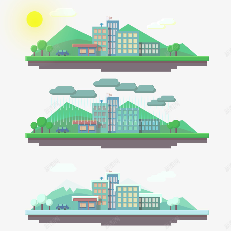 各种天气下的建筑图标png_新图网 https://ixintu.com 卡通 图标 天气 天气图标 太阳 手绘 雨伞
