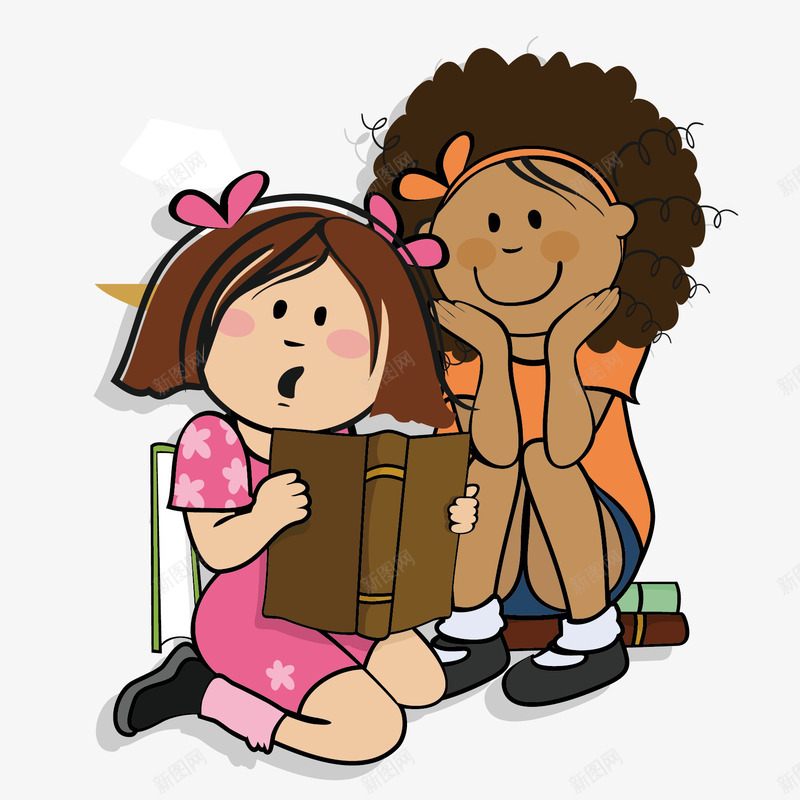两个小女孩矢量图ai免抠素材_新图网 https://ixintu.com 图书馆 学校 小女孩 看书 矢量图 黑人小孩