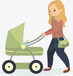 绿色婴儿车推着婴儿推车的母亲矢量图高清图片
