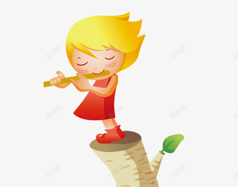 站在树上吹笛子的小孩png免抠素材_新图网 https://ixintu.com 卡通人物 卡通女孩 卡通小孩 卡通树 红色 绿叶 黄色