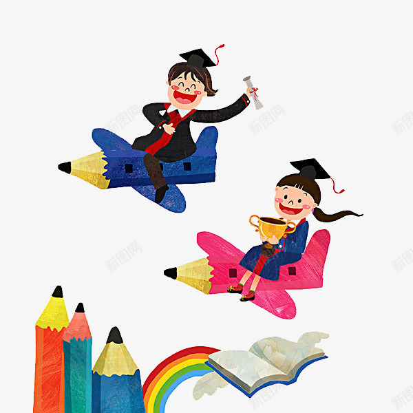 飞行的孩子png免抠素材_新图网 https://ixintu.com 书本 卡通 学士服 小孩子 手绘 毕业的 铅笔 高兴地