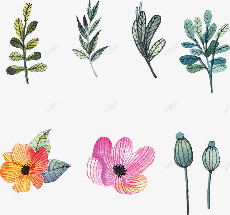 彩绘花朵和叶子psd免抠素材_新图网 https://ixintu.com 叶子 彩绘花朵 彩色手绘 花朵