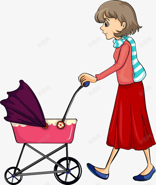 母亲推着婴儿车png免抠素材_新图网 https://ixintu.com 亲情 卡通手绘 婴儿车 戴围巾 母爱 照顾 照顾孩子 陪伴