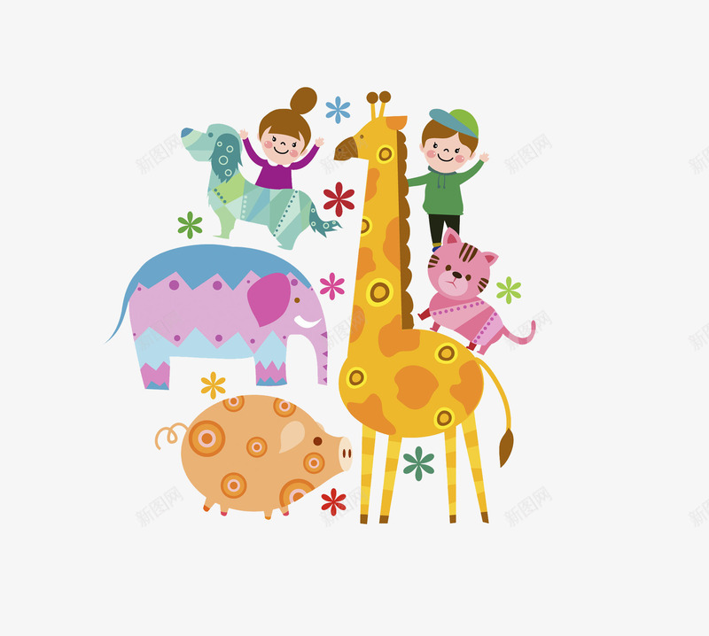 小孩和动物世界png免抠素材_新图网 https://ixintu.com 卡通 可爱 小孩 小狗 小猪 彩色 手绘 长颈鹿