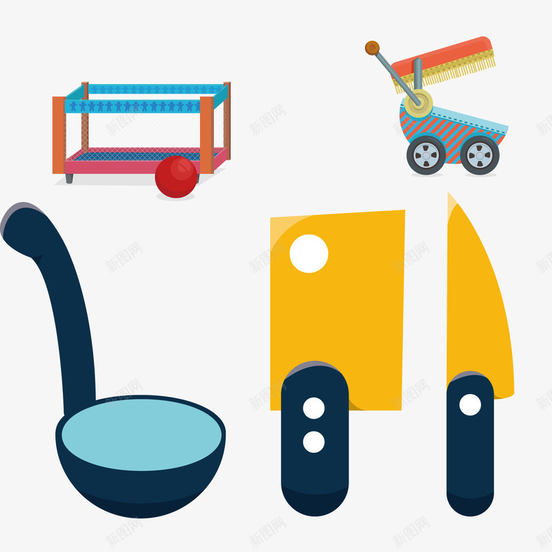 婴儿车和厨房用具png免抠素材_新图网 https://ixintu.com 勺子 卡通 厨房 厨房用具 婴儿车 床