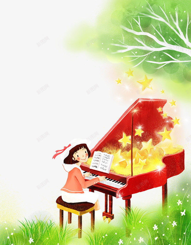 弹钢琴的女孩psd免抠素材_新图网 https://ixintu.com 儿童弹钢琴 卡通 手绘 插画 清新 环保 钢琴