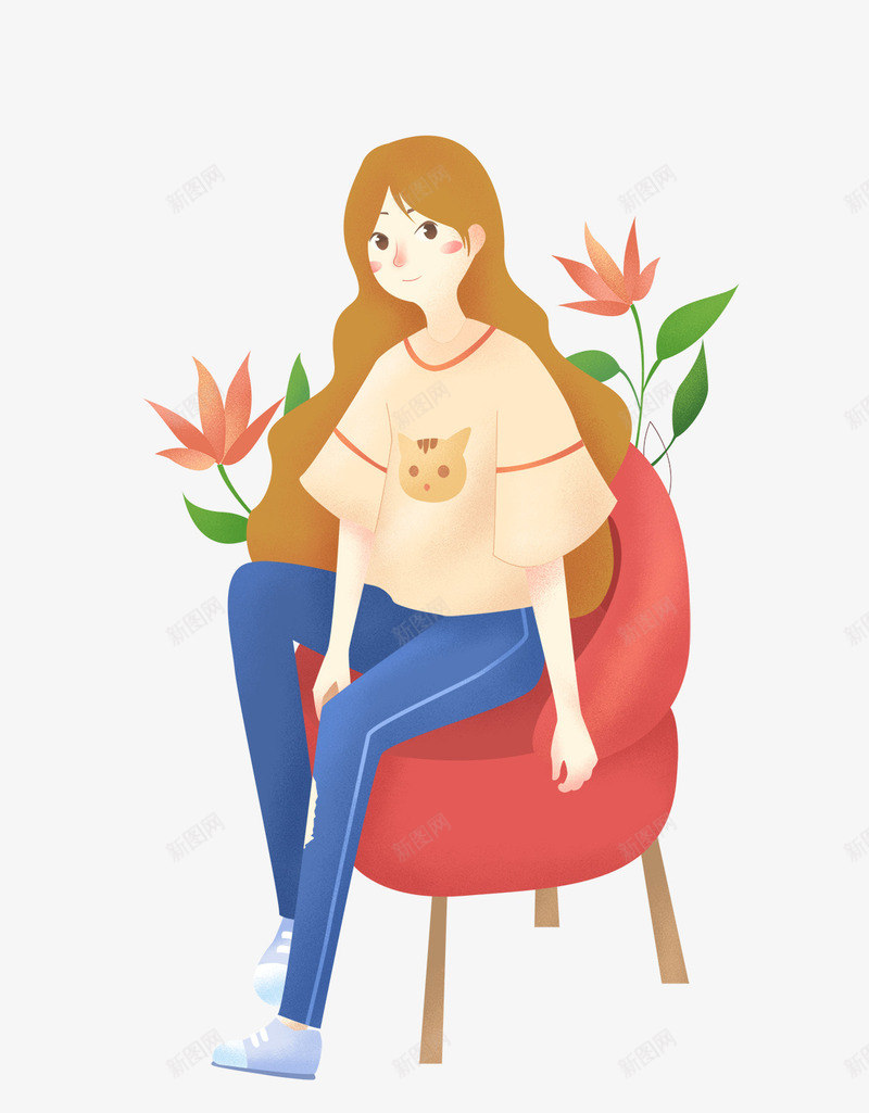 卡通手绘坐在红色沙发上的女psd免抠素材_新图网 https://ixintu.com 免抠卡通手绘坐在红色沙发上的女孩免费下载 免抠女孩 卡通 坐在红色 坐在花朵上的美少女 手绘 森系 沙发上的女孩 清新 粉色花朵装饰 绿叶装饰