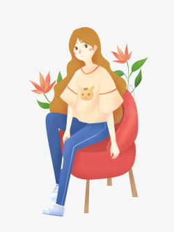 手绘美少女卡通手绘坐在红色沙发上的女高清图片