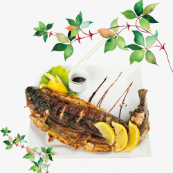 高档烤鱼平面装饰卡通植物特色烤鱼平面装饰高清图片