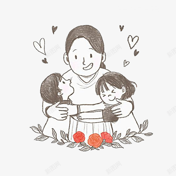 和蔼的母亲png免抠素材_新图网 https://ixintu.com 卡通 小孩 心形 母亲 母亲老了 温馨的 灰色 简笔 红花