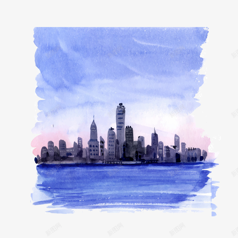 手绘傍晚的城市png免抠素材_新图网 https://ixintu.com 傍晚的城市 手绘城市 水彩绘 蓝色 高楼大厦