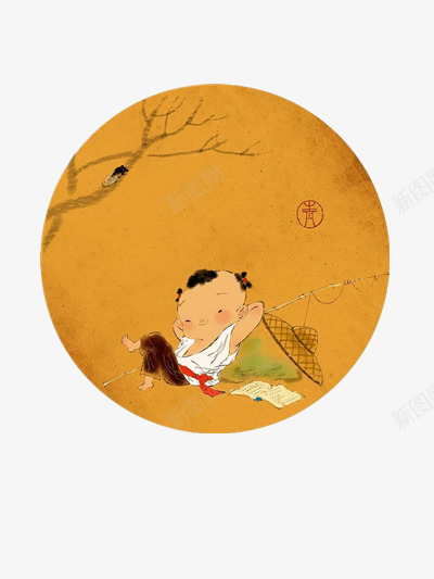 插画png免抠素材_新图网 https://ixintu.com 中国风 小孩子 插画 斗笠 装饰
