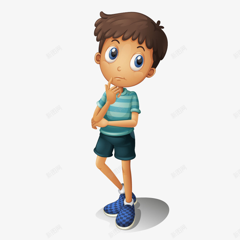 思考的男孩png免抠素材_新图网 https://ixintu.com 一个 卡通 思考 手绘 条纹 男孩 短袖 蓝色