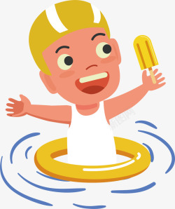 海边小孩装饰画卡通夏天戴黄色游泳帽的小男孩高清图片