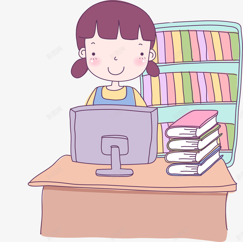 卡通学习女孩图png免抠素材_新图网 https://ixintu.com 书架 卡通 可爱的 学习 小女孩 工作 插图 电脑