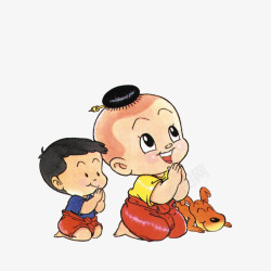 泰国小孩卡通跪着祈祷的孩子和小狗高清图片