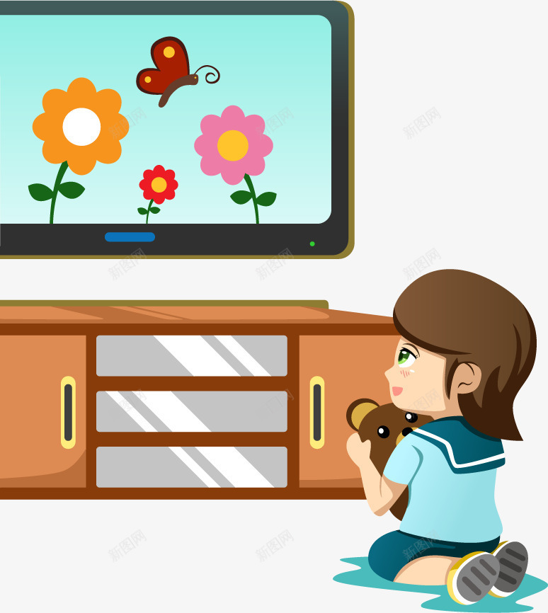 手绘看电视的小女孩png免抠素材_新图网 https://ixintu.com 坐着看电视 小女孩 手绘 玩耍 看电视