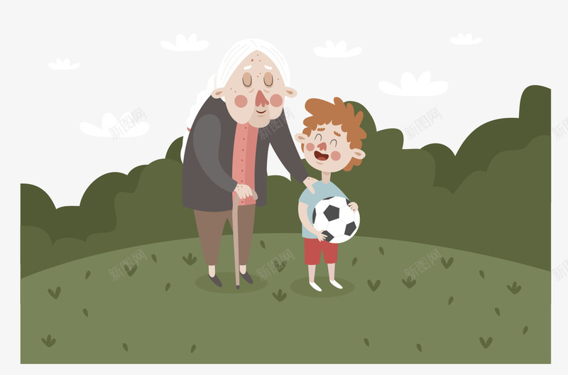 草地的老奶奶和踢球的男孩子png免抠素材_新图网 https://ixintu.com 男孩子 老人与小孩 老人和孩子 老奶奶 草地 装饰插画 踢球