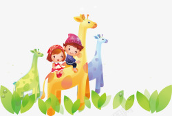 旅游的小孩骑着长颈鹿去旅游矢量图高清图片