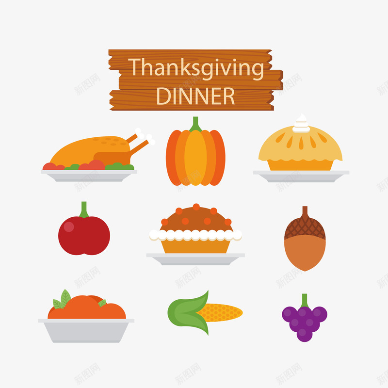 手绘扁平食材png免抠素材_新图网 https://ixintu.com 扁平 手绘 火鸡 玉米 葡萄 食材
