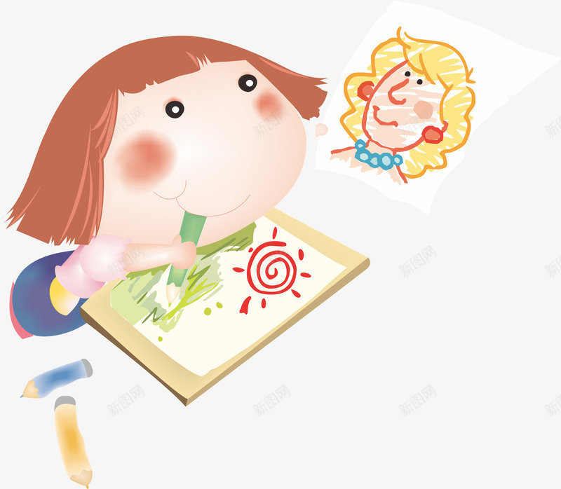 可爱的小女孩画画png免抠素材_新图网 https://ixintu.com 人物 卡通 可爱卡通 女孩 小孩 画画的人 铅笔