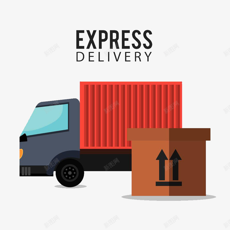 送货物的车的png免抠素材_新图网 https://ixintu.com 卡通手绘 快递 灰色 红色集装箱 货车 运送 送达
