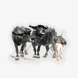 泼墨荷叶儿童和牛高清图片