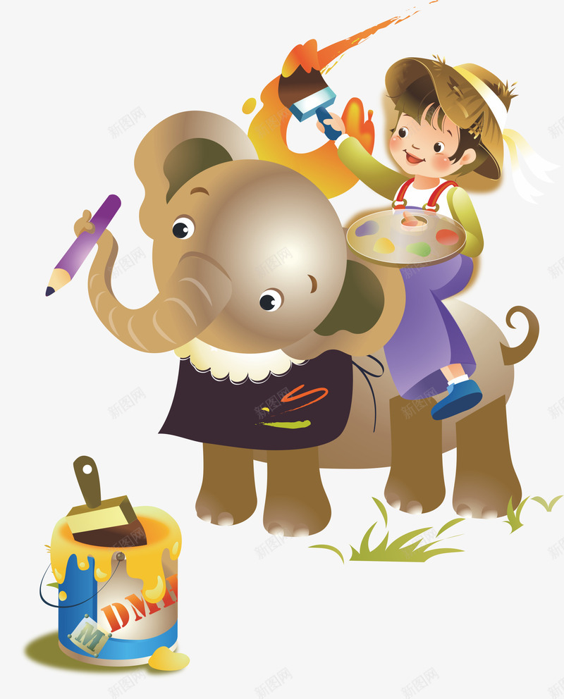 坐在大象上画画的小孩png免抠素材_新图网 https://ixintu.com 动物 小画家 涂鸦 画画 画画的人 颜料