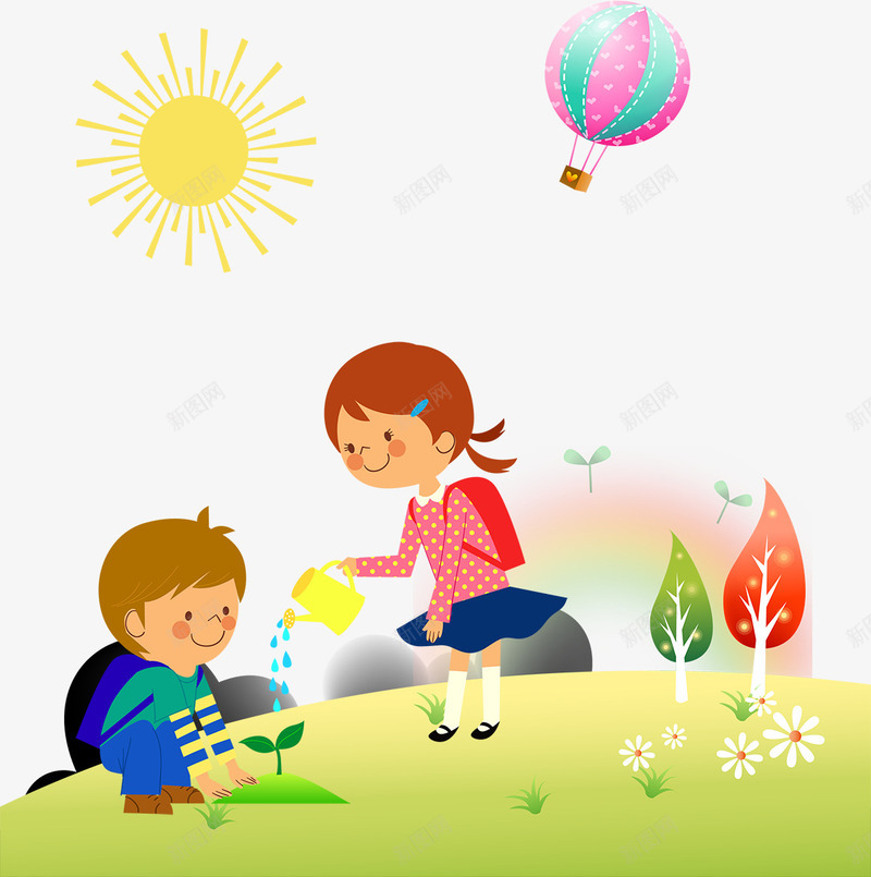 小孩子浇水png免抠素材_新图网 https://ixintu.com 卡通 小孩子 浇水 绿色