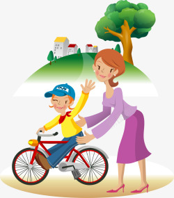 学习骑自行车妈妈教小孩骑自行车矢量图高清图片