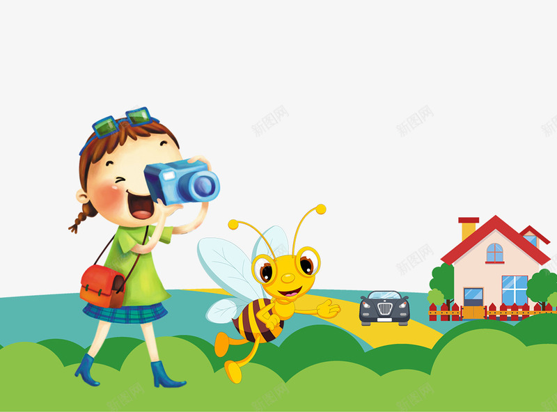 卡通游玩的小孩png免抠素材_新图网 https://ixintu.com 卡通小孩 卡通蜜蜂 夏天出游 游玩 照相机 草地 蜜蜂 郊外