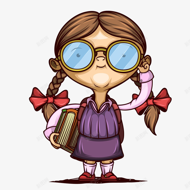 卡通戴眼镜拿着书本的女孩矢量图ai免抠素材_新图网 https://ixintu.com 世界读书日 人物设计 儿童生活节 戴眼镜 手绘 矢量图