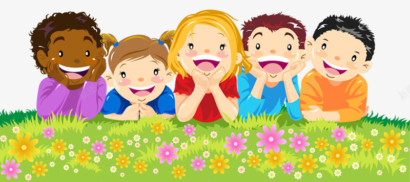 草坪上的卡通小孩png免抠素材_新图网 https://ixintu.com 儿童 小孩 开心 花朵 草坪