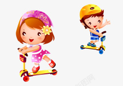 卡通彩色玩滑板车小孩插画素材