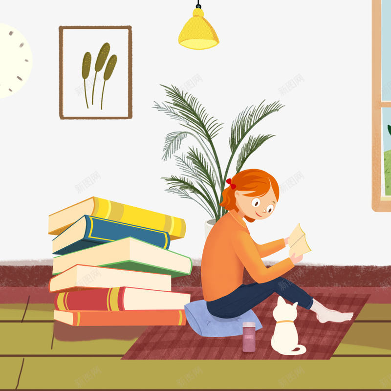卡通手绘坐在地毯上看书的女psd免抠素材_新图网 https://ixintu.com 书本装饰 免抠卡通手绘坐在地毯上看书的女孩免费下载 卡通 坐在地毯上 手绘 猫咪装饰 看书的女孩 绿色的植物 黄色的吊灯