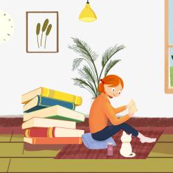 植物吊灯卡通手绘坐在地毯上看书的女高清图片