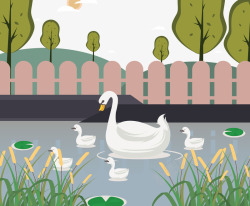 池塘湖鸭宝宝花园篱笆矢量图素材