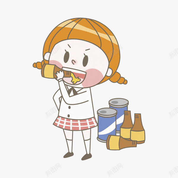 喝饮料的女孩png免抠素材_新图网 https://ixintu.com 卡通 头发 张嘴 手绘 易拉罐 白色 裙子 饮料 黄色