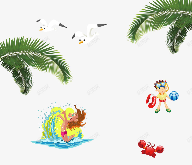 清凉的海边假日png免抠素材_新图网 https://ixintu.com 海边度假 清凉夏日 螃蟹海鸥 针叶植物