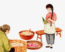 卡通手绘端午节包粽子的女人们素材