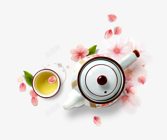 现代传统茶具png免抠素材_新图网 https://ixintu.com 桃花 粉色 花朵 茶具 茶壶 茶杯