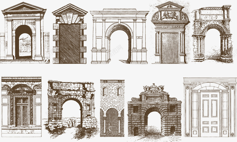 古老建筑矢量图ai免抠素材_新图网 https://ixintu.com 军事防御 城门 拱门 石块 砌石建筑 老照片 矢量图
