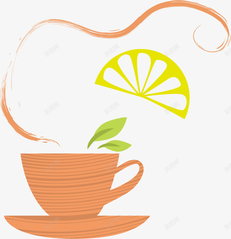 手绘黄色咖啡杯png免抠素材_新图网 https://ixintu.com 免抠PNG 叶子 咖啡杯 手绘 柠檬片 香味 黄色