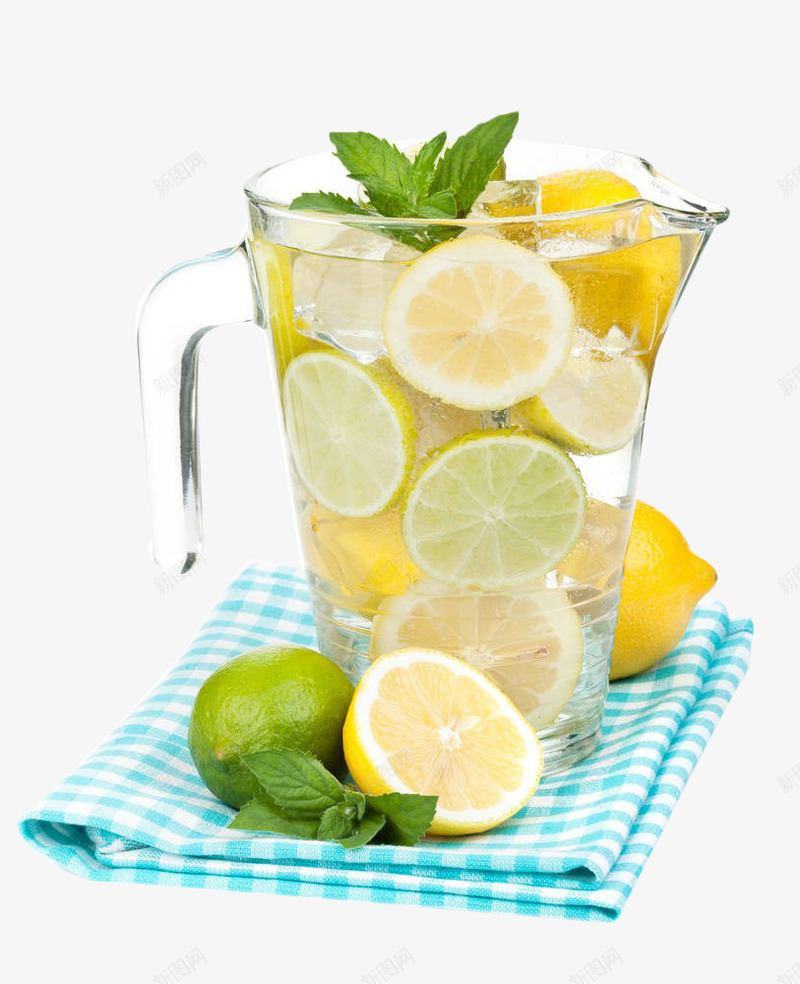 柠檬冰饮瓶子png免抠素材_新图网 https://ixintu.com 柠乐 柠檬 水果 蓝色格子布 薄荷叶 透明 饮料
