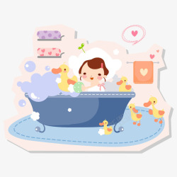 女宝宝给小黄鸭子洗澡素材